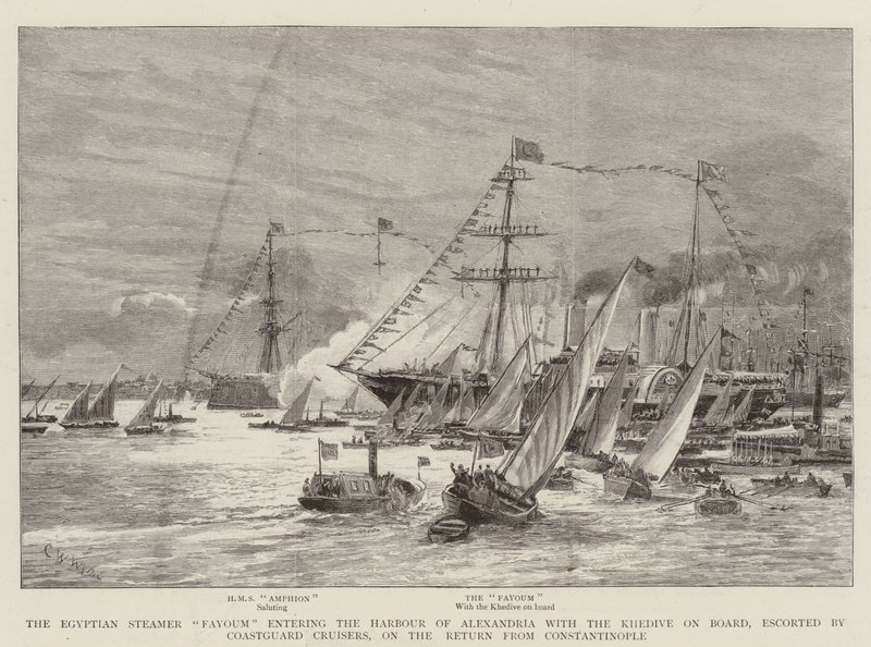 Der ägyptische Dampfer Fayoum fährt in den Hafen von Alexandria ein mit dem Khedive an Bord, eskortiert von Küstenwachkreuzern, auf der Rückkehr aus Konstantinopel von Charles William Wyllie