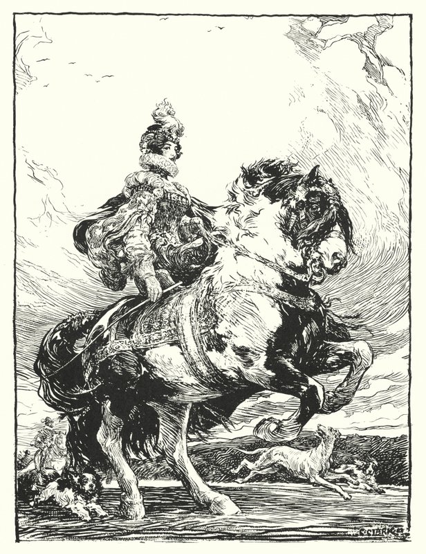 Frau in Tudor-Kostüm auf der Jagd zu Pferd von Christopher (after) Clark