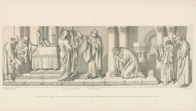Harold, der sich der Invasion von Wilhelm entgegenstellt, betet in der Abtei von Waltham, als das heilige Bild sich wundersam vom Kreuz neigt von Daniel Maclise