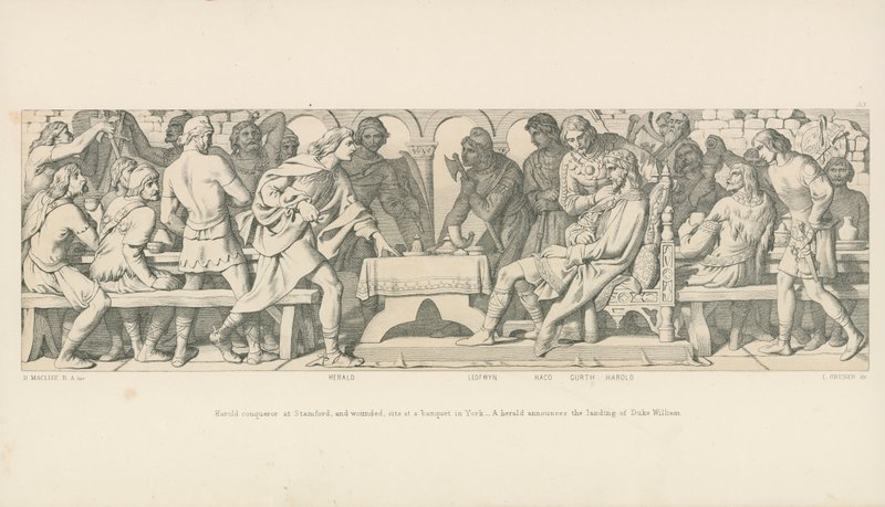 Harold, der Eroberer, bei Stamford, und verwundet, sitzt bei einem Bankett in York. Ein Herold kündigt die Landung von Herzog Wilhelm an von Daniel Maclise