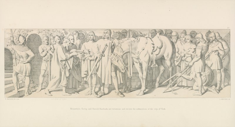 Inzwischen sind Tostig und Harold Hardrada siegreich und erhalten die Unterwerfung der Stadt York von Daniel Maclise