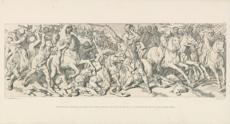 Die Normannen, die sich zurückziehen, werden von Wilhelm aufgehalten, der sein Gesicht enthüllt, um das Gerücht seines Todes zu widerlegen von Daniel Maclise