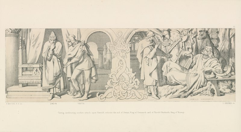 Tostig, der einen weiteren Angriff auf Harold plant, bittet Sweyn, König von Dänemark, und Harold Hardrada, König von Norwegen, um Hilfe von Daniel Maclise
