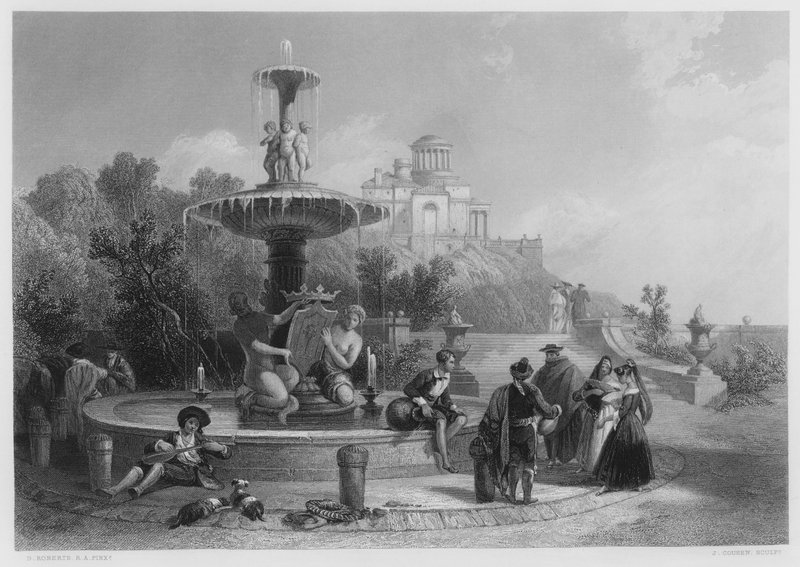 Der Brunnen in Madrid, aus dem Bild in der Königlichen Sammlung (Gravur) von David (after) Roberts
