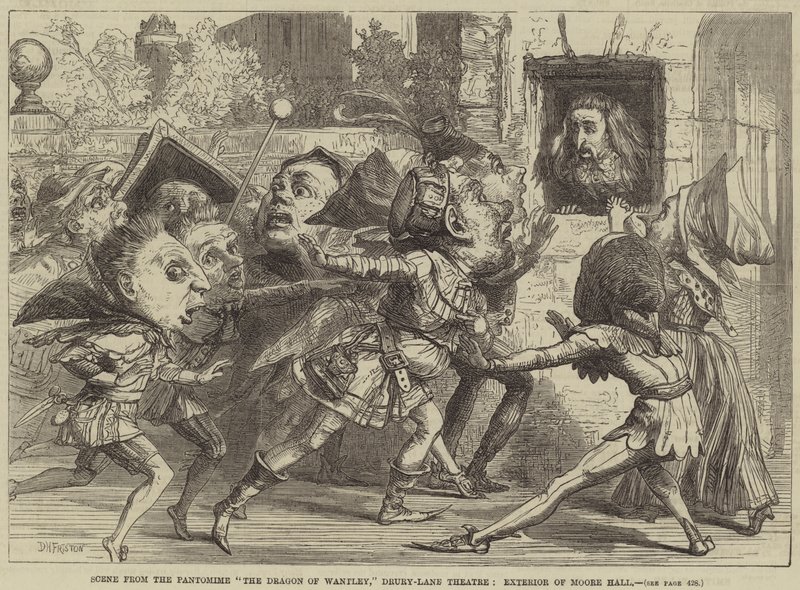 Szene aus der Pantomime Der Drache von Wantley, Drury-Lane-Theater, Außenansicht von Moore Hall von David Henry Friston