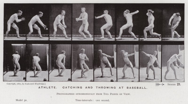 Die menschliche Figur in Bewegung: Athlet, fangen und werfen beim Baseball von Eadweard Muybridge
