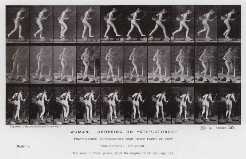 Die menschliche Figur in Bewegung: Frau, die über "Trittsteine" geht von Eadweard Muybridge