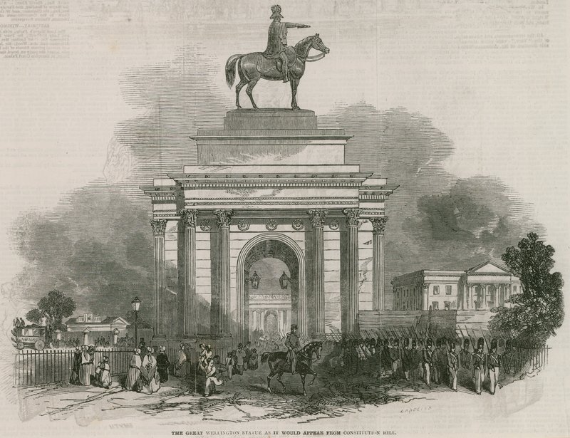 Die große Wellington-Statue und der Bogen, wie er von Constitution Hill aus erscheinen würde von Ebenezer Landells