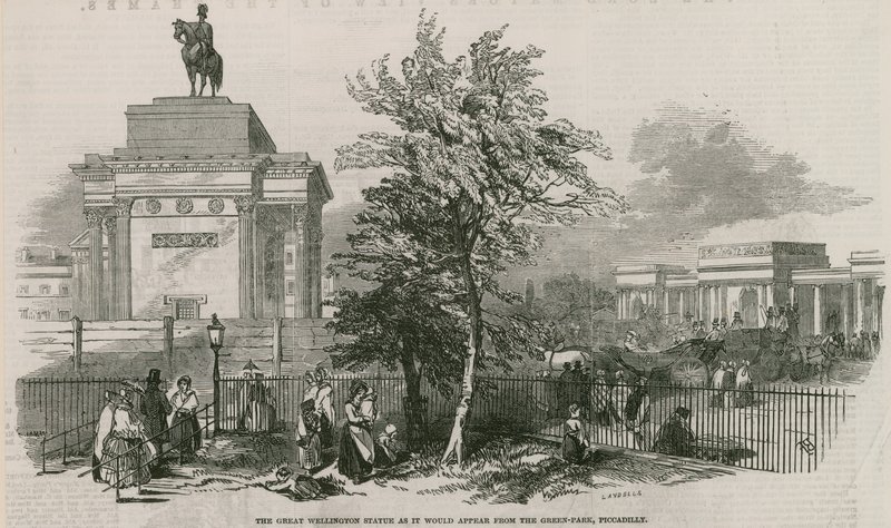 Die große Wellington-Statue und der Bogen, wie sie vom Green Park, Piccadilly, erscheinen würden von Ebenezer Landells