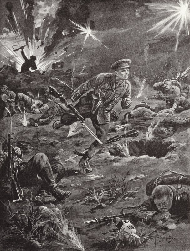 Leutnant Benjamin Geary eilt unter schwerem Granatfeuer zu einem Graben rechts von Hill 60, um Kontakt mit einem Offizier aufzunehmen, Ypern, Belgien, April 1915 von Edgar Alfred Holloway