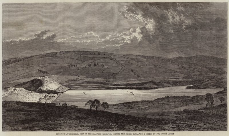 Die Flut in Sheffield, Blick auf das Bradfield Reservoir, zeigt den gebrochenen Damm von Edmund Morison Wimperis