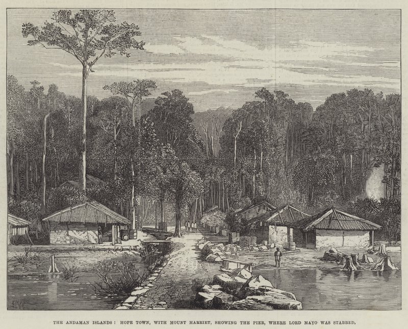 Die Andamanen-Inseln, Hope Town, mit Mount Harriet, zeigt den Pier, wo Lord Mayo erstochen wurde von Edmund Morison Wimperis