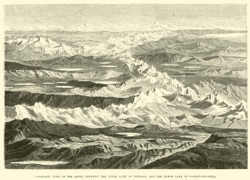 Panoramablick auf die Anden zwischen dem Oberen Titicacasee und dem Unteren Parihuanacochasee von Edouard Riou
