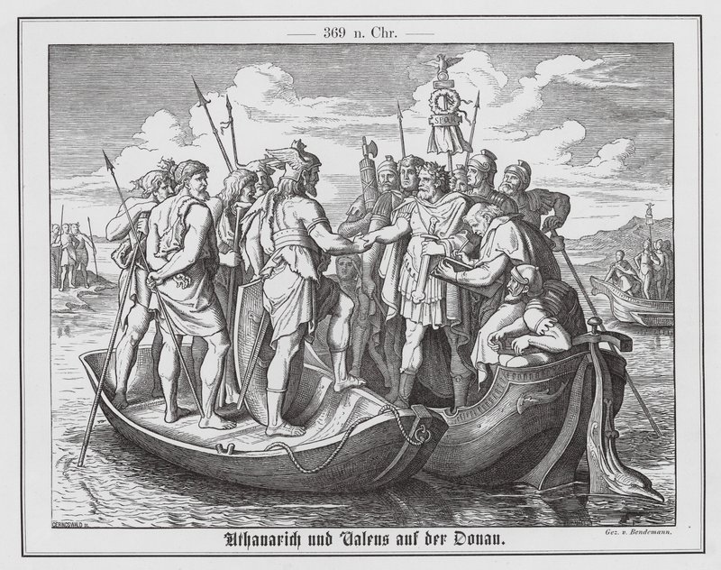 Treffen des römischen Kaisers Valens und des westgotischen Königs Athanarich an der Donau, 369 von Eduard Bendemann