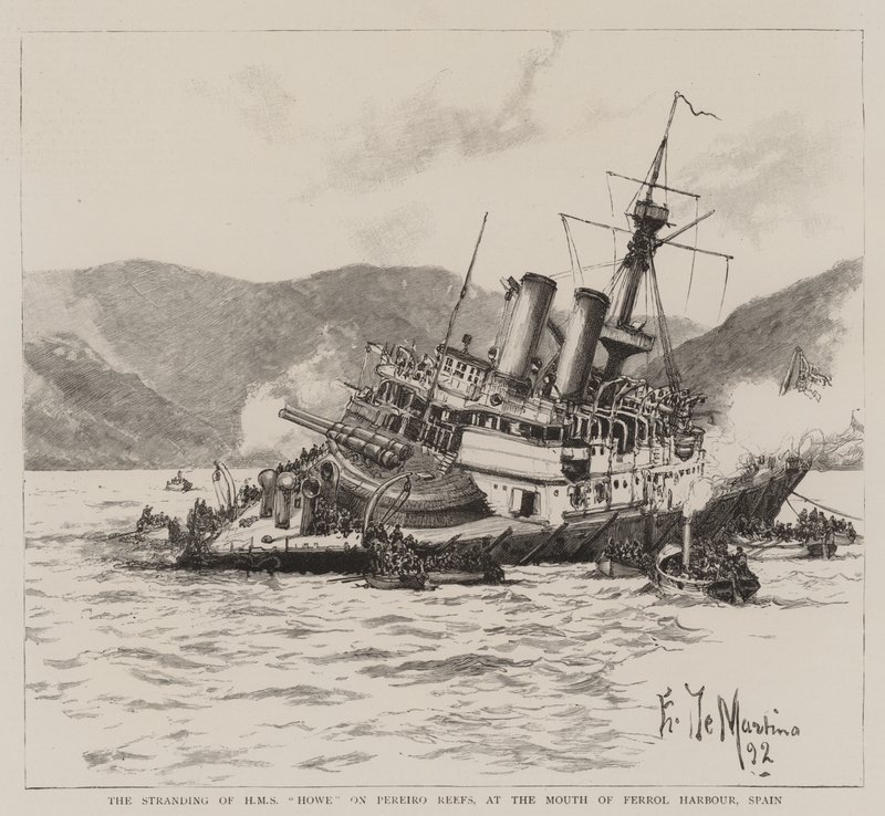 Die Strandung der HMS Howe auf den Pereiro-Riffen am Eingang des Hafens von Ferrol, Spanien von Eduardo de Martino
