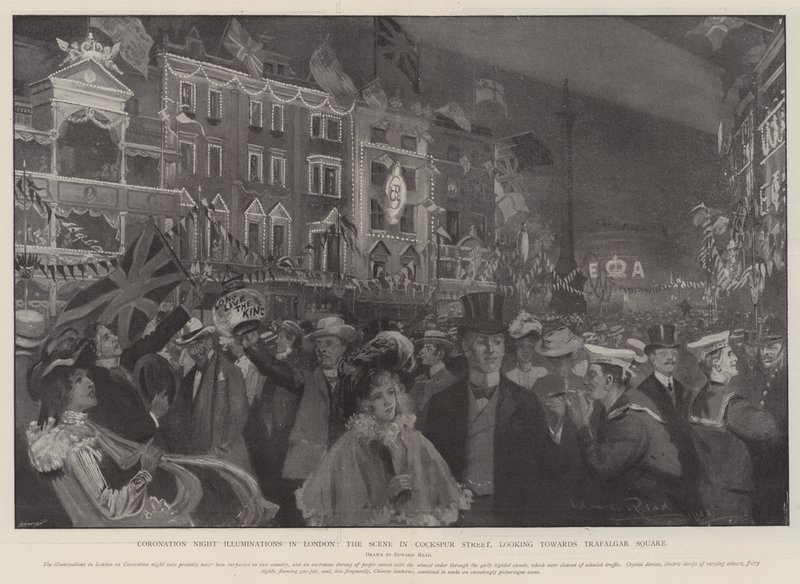 Krönungsnachtbeleuchtung in London, die Szene in der Cockspur Street, Blick auf den Trafalgar Square von Edward Read