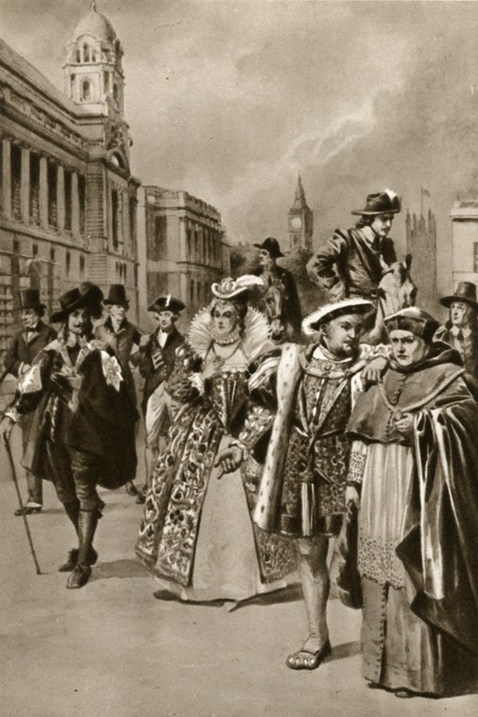 Straßen von London: König Karl I., Königin Elisabeth I., König Heinrich VIII., Kardinal Wolsey von Edward Frederick Skinner