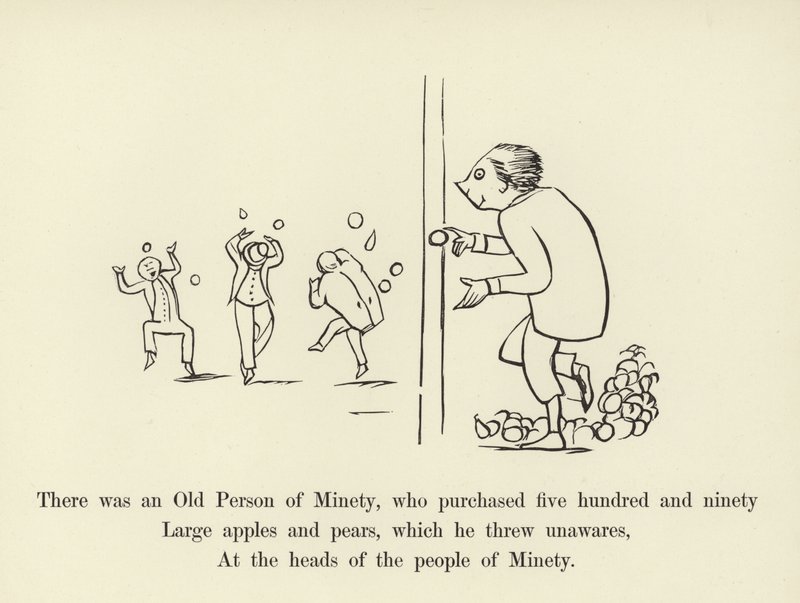 Es war eine alte Person aus Minety, die fünfhundertneunzig große Äpfel und Birnen kaufte von Edward Lear
