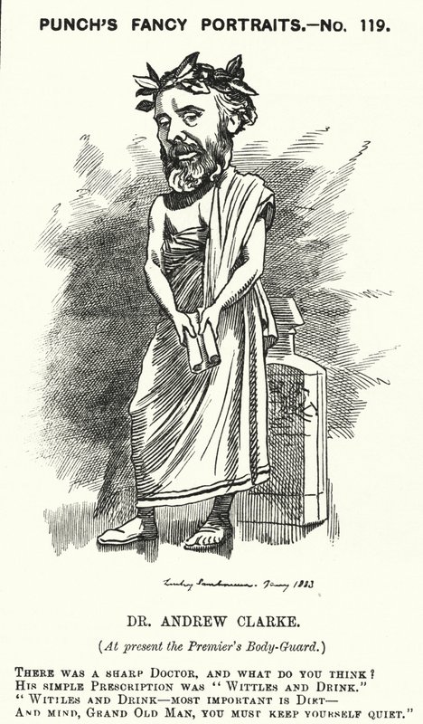 Karikatur: Sir Andrew Clarke, britischer Arzt, Leibarzt von William Ewart Gladstone (Gravur) von Edward Linley (after) Sambourne