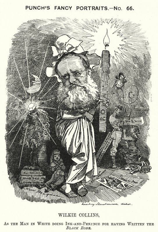 Punch-Karikatur: Wilkie Collins, englischer Romanautor, Dramatiker und Kurzgeschichtenschreiber (Gravur) von Edward Linley (after) Sambourne