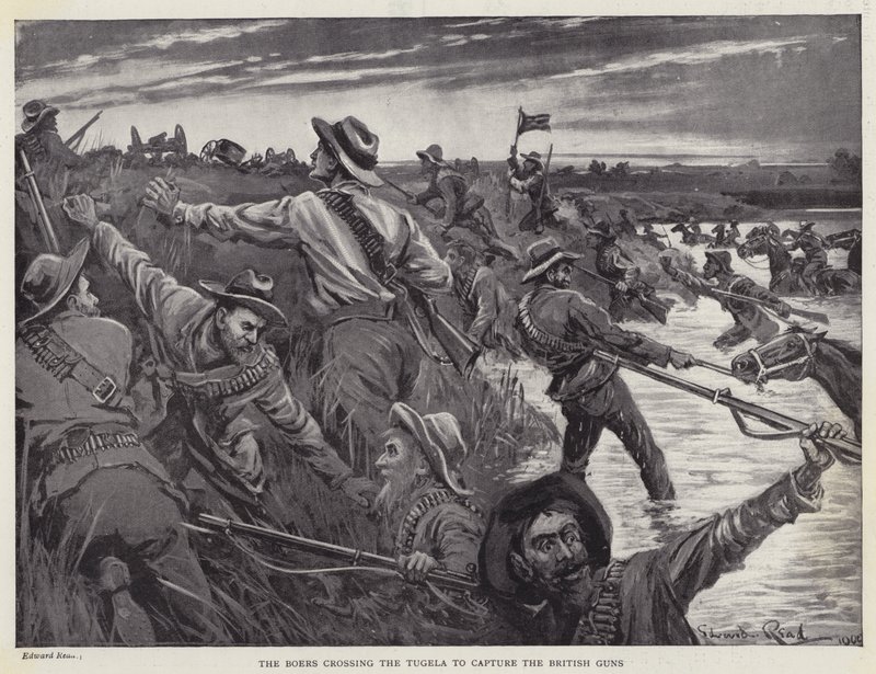 Die Buren überqueren den Tugela, um die britischen Kanonen zu erobern (Lithografie) von Edward Read