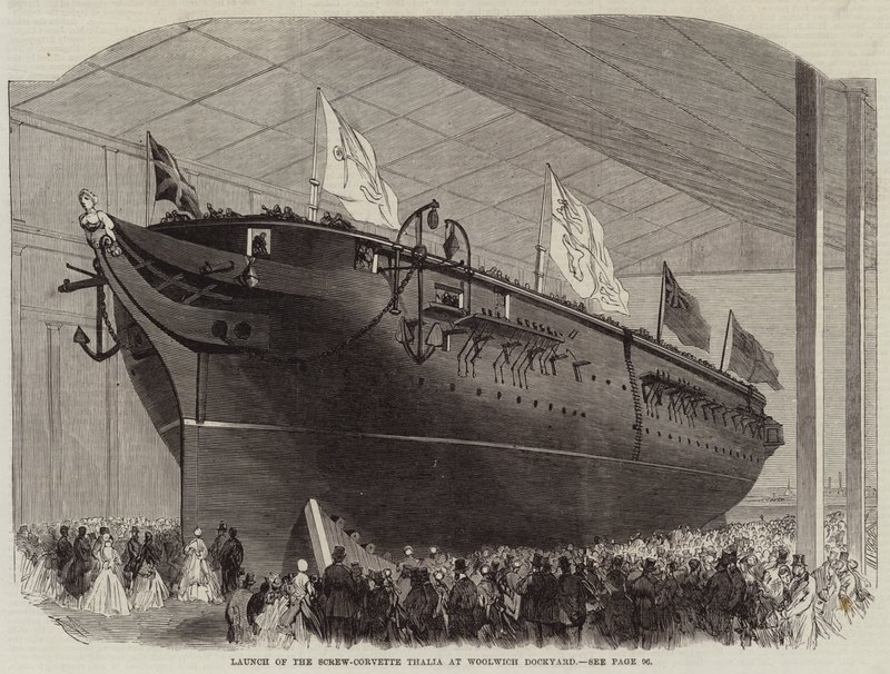 Stapellauf der Schraubenkorvette Thalia in der Werft von Woolwich von Edwin Weedon