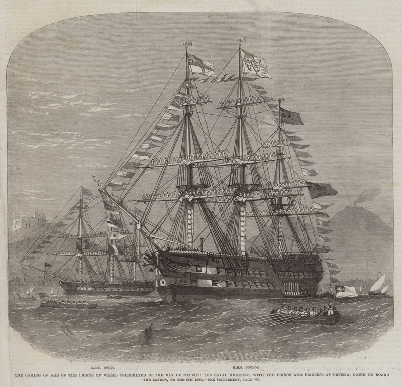 Die Volljährigkeit des Prinzen von Wales gefeiert in der Bucht von Neapel, Seine Königliche Hoheit, mit dem Prinzen und der Prinzessin von Preußen, an Bord der London, am 9. dieses Monats von Edwin Weedon