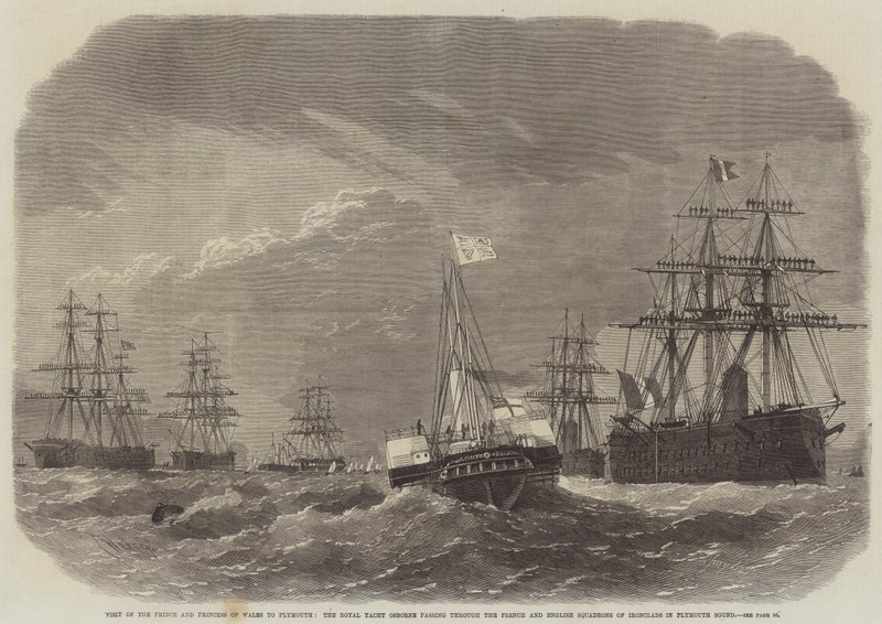 Besuch des Prinzen und der Prinzessin von Wales in Plymouth, die königliche Yacht Osborne passiert die französischen und englischen Geschwader von Panzerschiffen im Plymouth Sound von Edwin Weedon