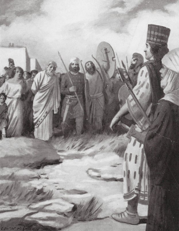 Kroisos wird vor Kyros geführt bei der Eroberung von Sardes von Edwin A. Morrow