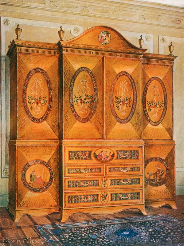 Satinholzschrank, eingelegt mit Tulpenholz, Harewood, Stechpalme, Ebenholz, Mahagoni und anderen Hölzern von Edwin John Foley