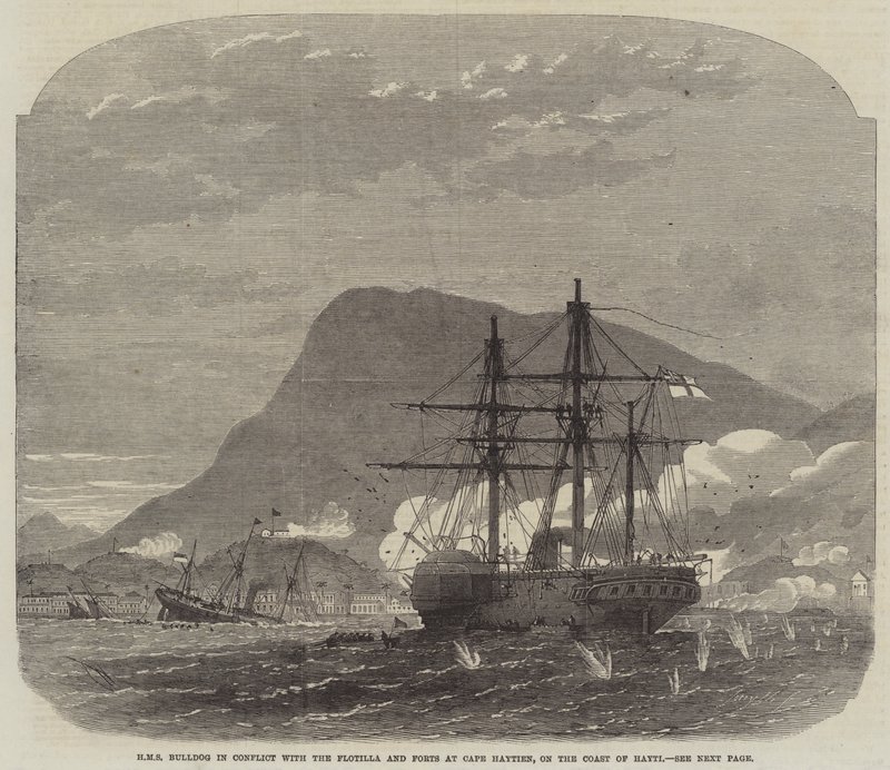 HMS Bulldog im Konflikt mit der Flottille und den Forts am Kap Haytien, an der Küste von Haiti von Edwin Weedon
