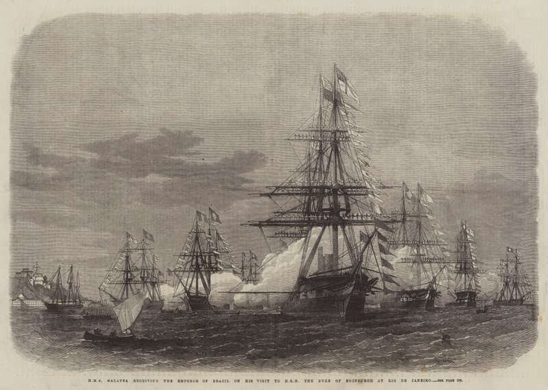 HMS Galatea empfängt den Kaiser von Brasilien bei seinem Besuch bei HRH dem Herzog von Edinburgh in Rio de Janeiro von Edwin Weedon