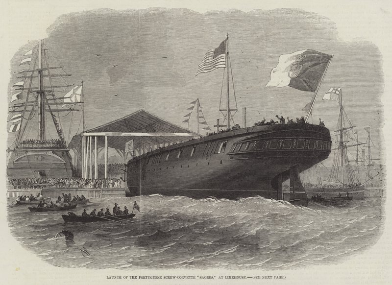 Stapellauf der portugiesischen Schraubenkorvette Sagres in Limehouse von Edwin Weedon