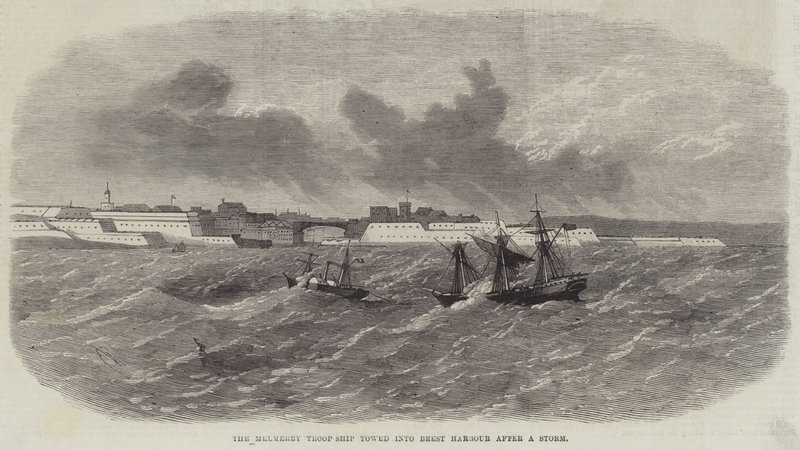 Das Melmerby Truppenschiff wird nach einem Sturm in den Hafen von Brest geschleppt von Edwin Weedon