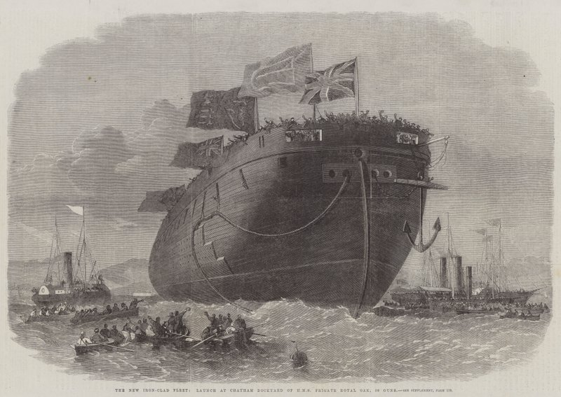 Die neue gepanzerte Flotte, Stapellauf im Chatham Dockyard der HMS Fregatte Royal Oak, 50 Kanonen von Edwin Weedon