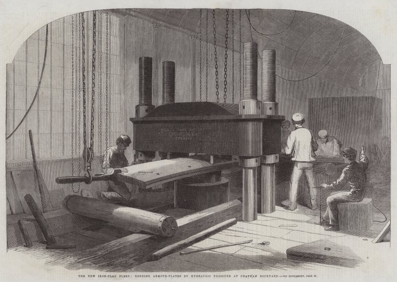 Die neue gepanzerte Flotte, Biegen von Panzerplatten durch hydraulischen Druck in der Werft von Chatham von Edwin Weedon