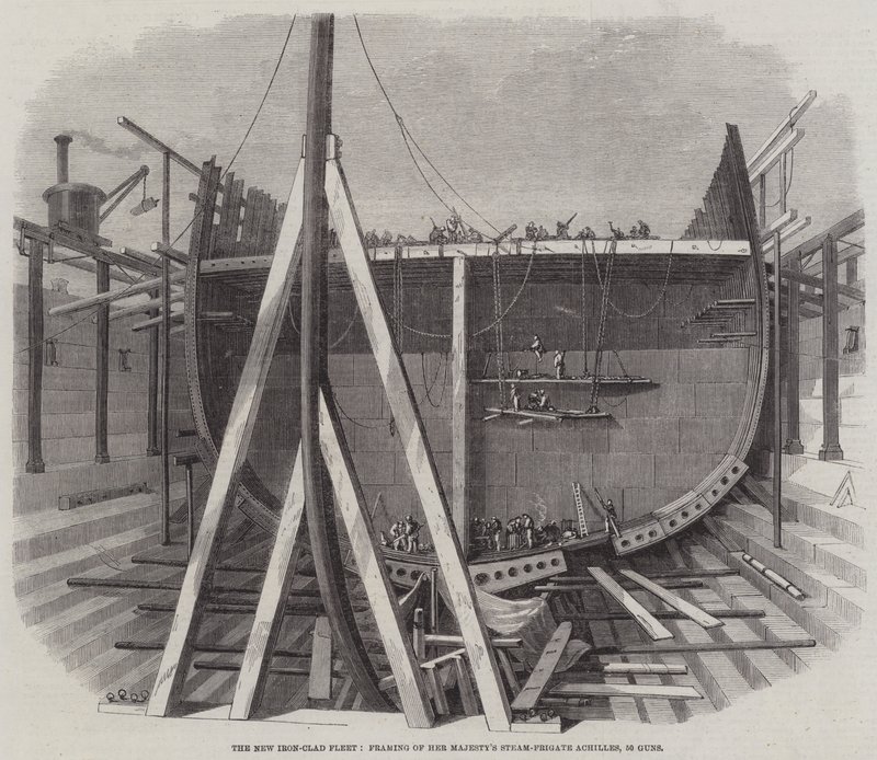 Die neue gepanzerte Flotte, Rahmung der Dampffregatte Ihrer Majestät Achilles, 50 Kanonen von Edwin Weedon
