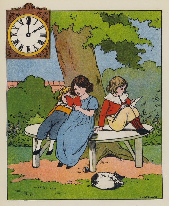 Lesezeit (Farblithografie) von Elise H. Stewart
