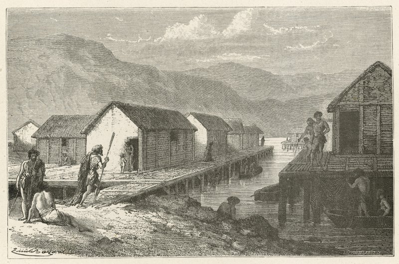 Ein Pfahlbaudorf in der Schweiz zur Bronzezeit von Emile Antoine Bayard