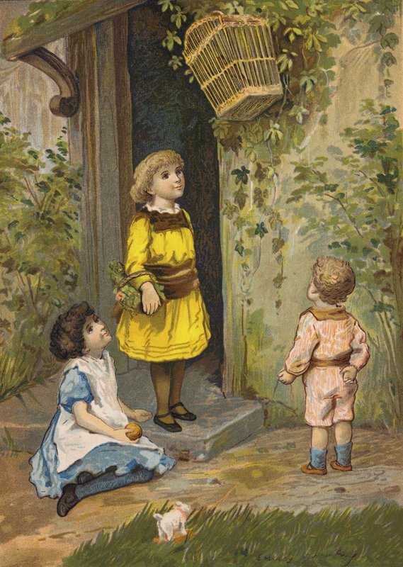 Kinder bewundern einen hängenden Korb von Emily Jane Harding Andrews