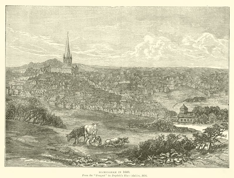 Birmingham im Jahr 1640, aus dem Prospect in Dugdales Warwickshire, 1656 von English School