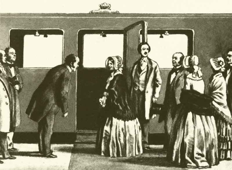 George Hudson, der Eisenbahnkönig, verbeugt sich vor Königin Victoria und Prinz Albert von English School