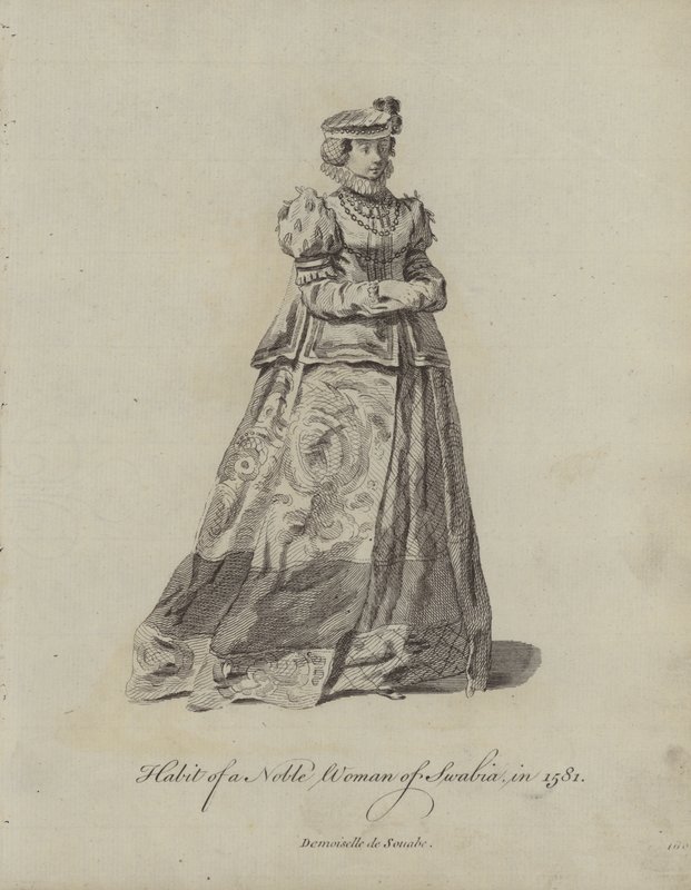 Kleidung einer adligen Frau von Schwaben im Jahr 1581 von English School