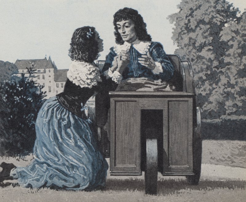 Paul Scarron, in seiner Rollstuhlbox, wird von seiner Frau gepflegt, der später berühmten Marquise De Maintenon von English School