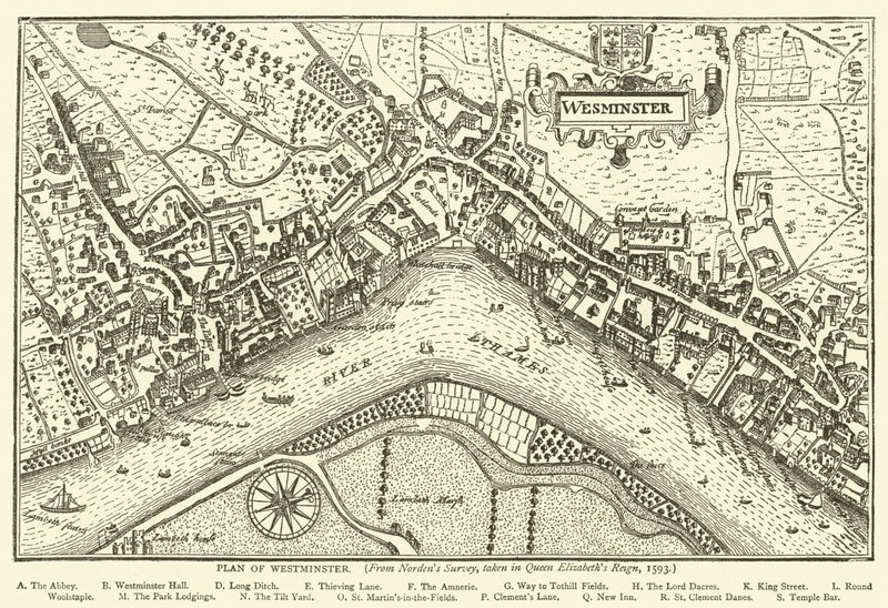 Plan von Westminster, aus Nordens Umfrage, durchgeführt in der Regierungszeit von Königin Elisabeth, 1593 von English School