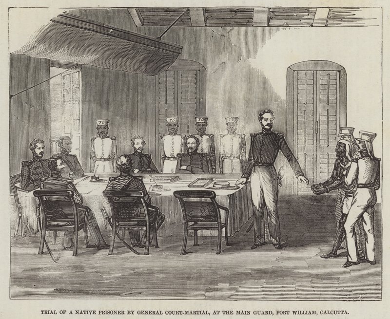 Prozess eines einheimischen Gefangenen durch ein Militärgericht, im Hauptwachtgebäude, Fort William, Kalkutta von English School