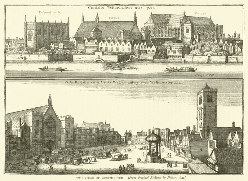 Zwei Ansichten von Westminster, aus Originalradierungen von Hollar, 1647 von English School
