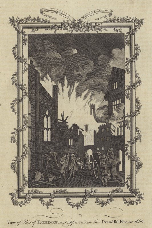 Ansicht eines Teils von London, wie es im schrecklichen Feuer von 1666 erschien von English School