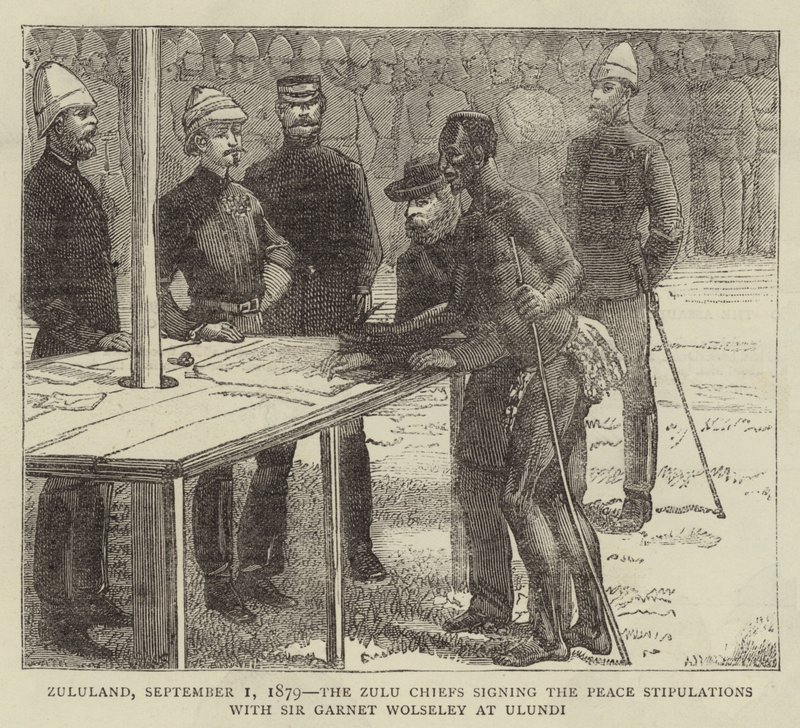 Zululand, 1. September 1879, die Zulu-Häuptlinge unterzeichnen die Friedensbedingungen mit Sir Garnet Wolseley in Ulundi von English School