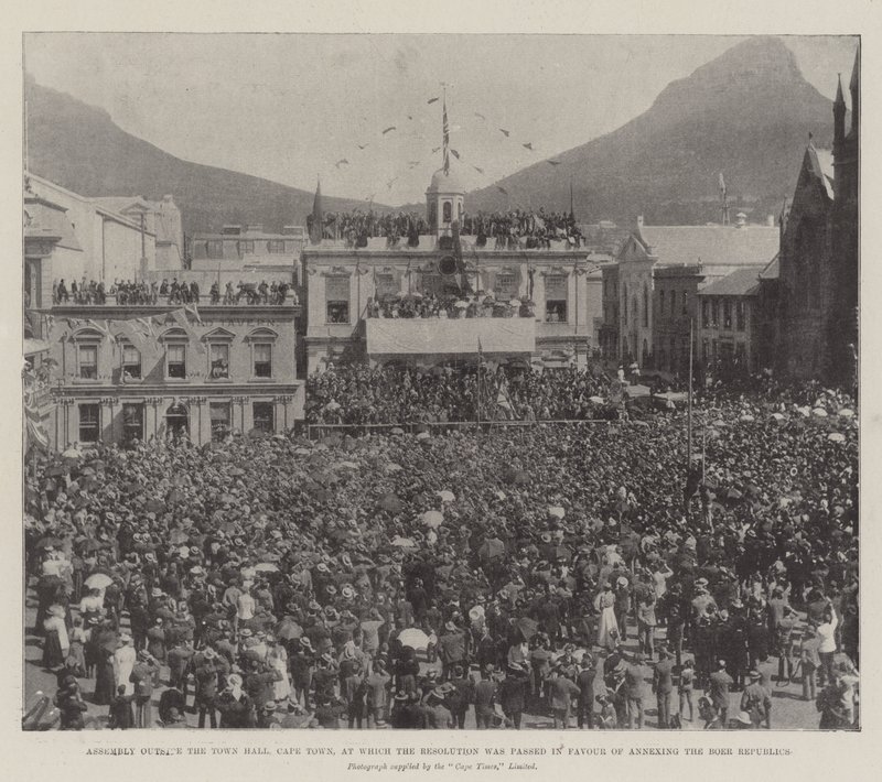 Versammlung vor dem Rathaus von Kapstadt, bei der die Resolution zur Annexion der Burenrepubliken verabschiedet wurde von English Photographer